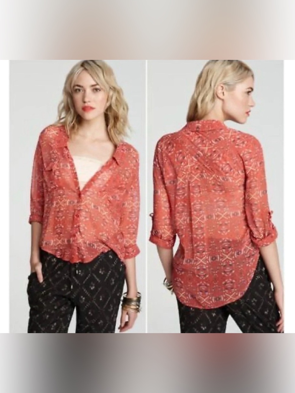 Free People Easy Rider Printed Blouse Red Geometric Sheer Top Small